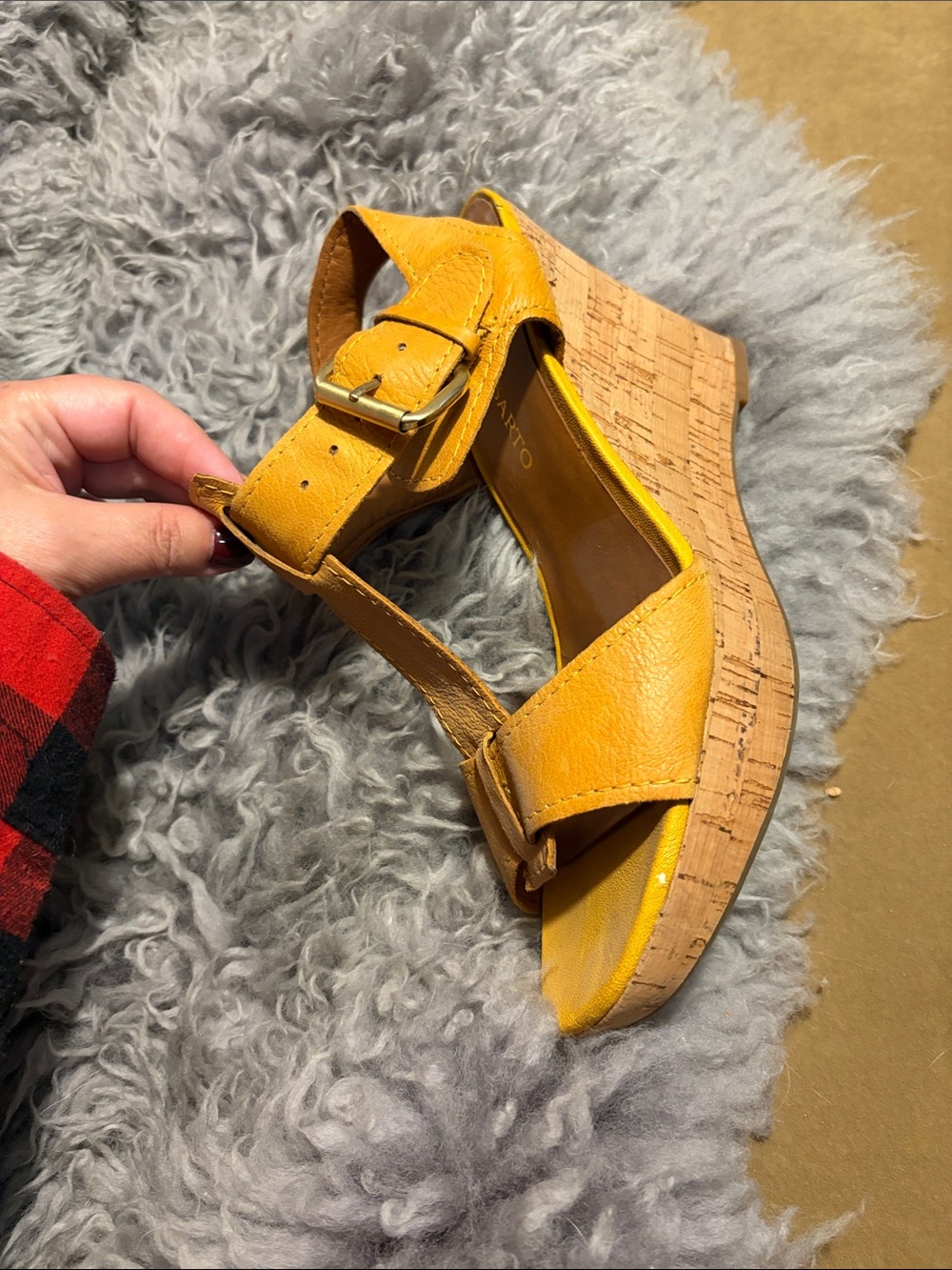 Franco Sarto Yellow Leather Cork Wedge Sandals
